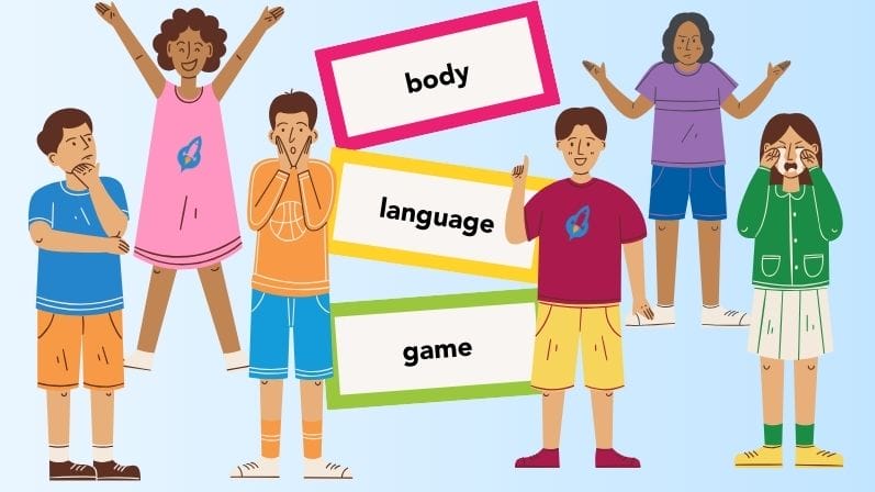 Body Language Game graphics with illustrated kids using gestures