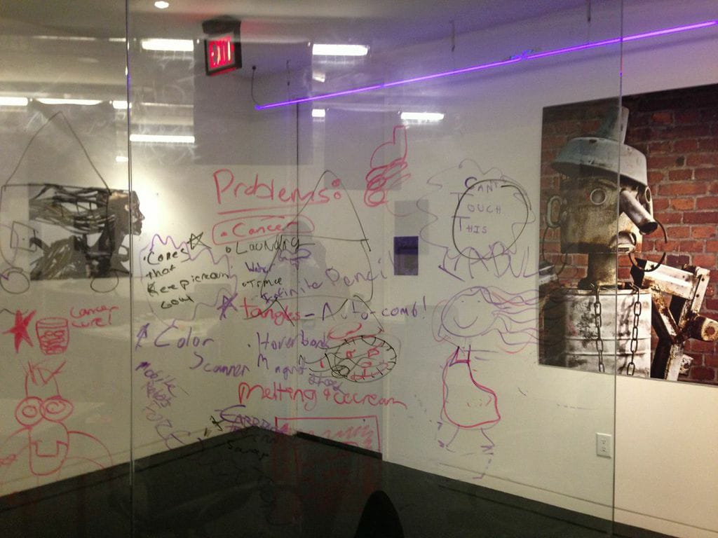 Glass wall after classroom brainstorming session showing ideas