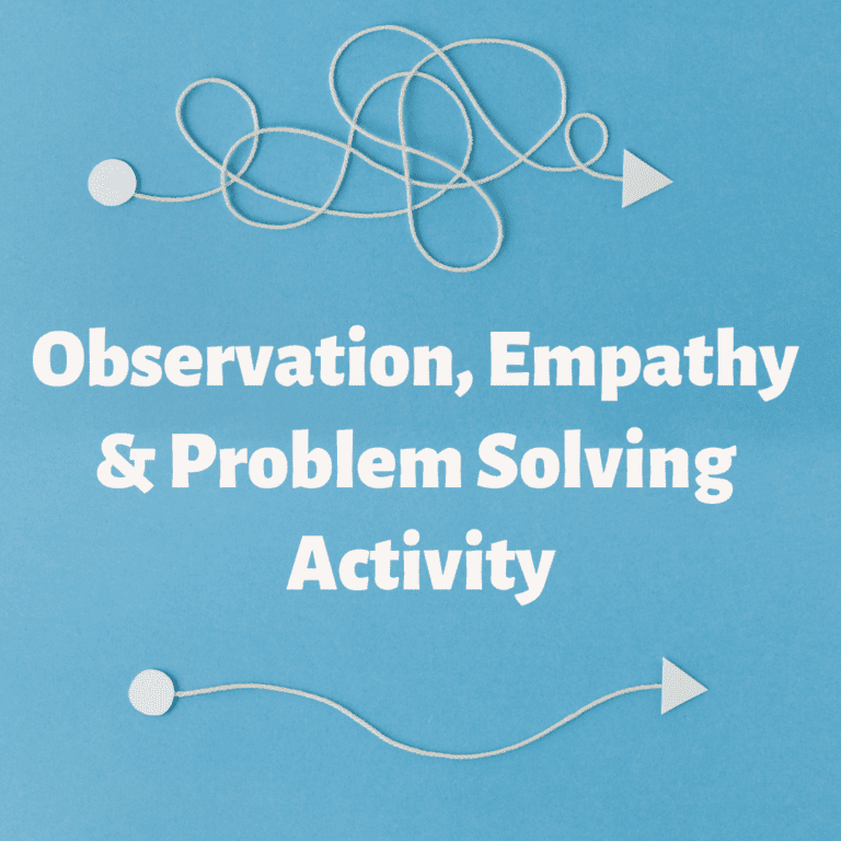 The image displays a tangled line becoming straight, with "Observation, Empathy & Problem Solving Activity" written in white text against a blue background, symbolizing the foundational elements of youth entrepreneurship education.
