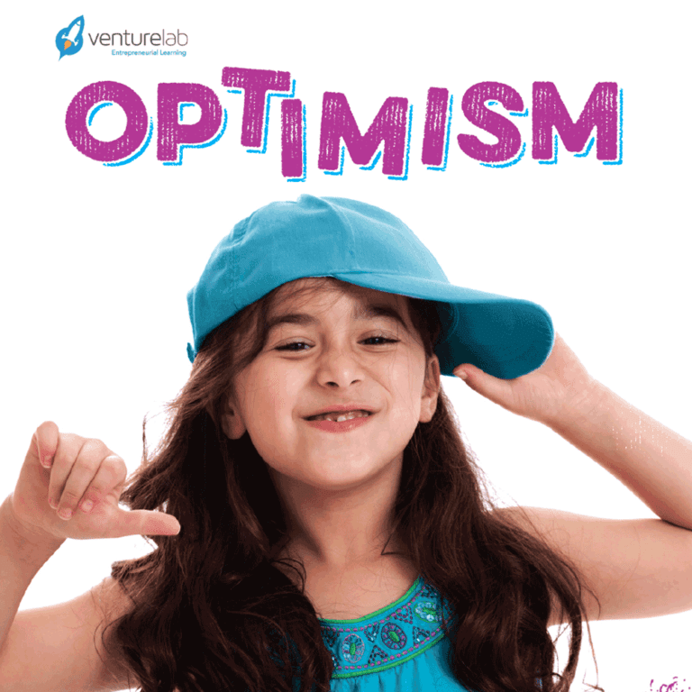 A young girl wearing a blue cap smiles and points at the word "OPTIMISM" above her, embodying the spirit of youth entrepreneurship education. The VentureLab logo is in the top left corner.