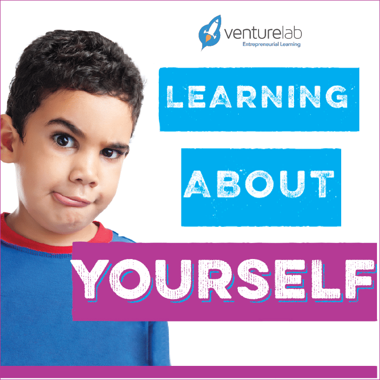 A child with a quizzical expression, overlaid text reads "Learning About Yourself through Youth Entrepreneurship Education". VentureLab logo in the top corner.