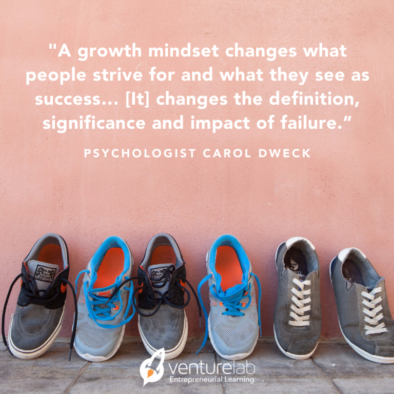 Three pairs of casual shoes are lined up against a pink wall. Above them is a quote by psychologist Carol Dweck discussing the influence of a growth mindset on success and failure, emphasizing how youth entrepreneurship education can shape future leaders.