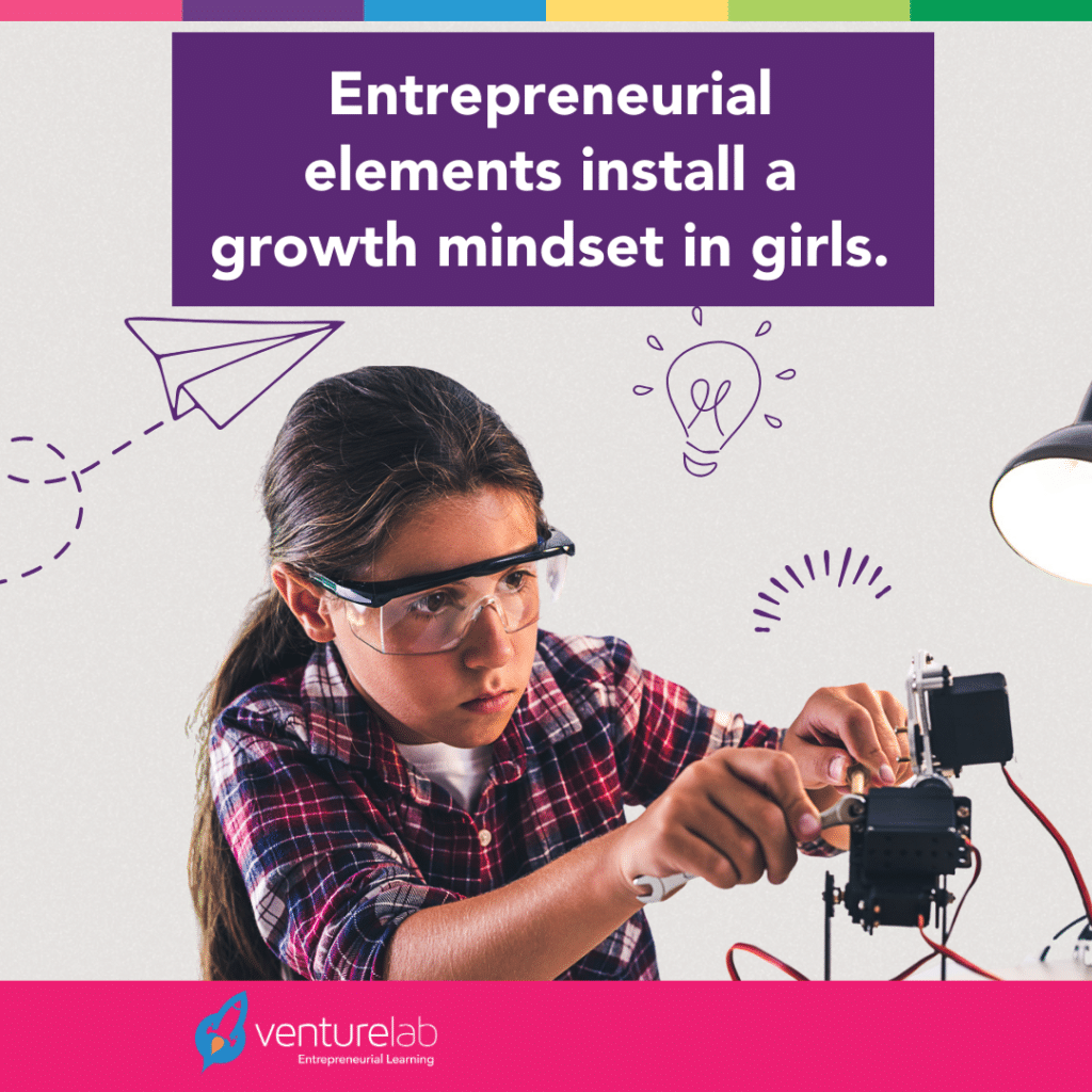 A girl wearing safety glasses adjusts a mechanical device, with a caption stating, "Entrepreneurial learning and STEM-confident kids install a growth mindset in girls." The VentureLab logo is at the bottom.