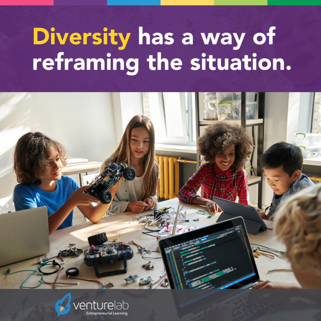 Children collaborating on a project at a table with electronics and laptops. Text above reads, "Diversity in entrepreneurship education has a way of reframing the situation." The VentureLab logo is at the bottom.