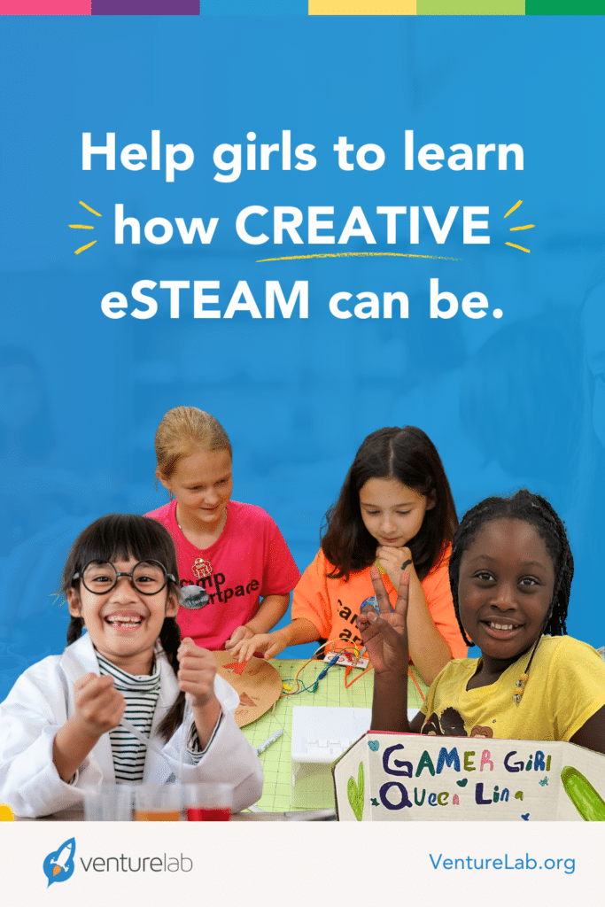 Promotional poster featuring a diverse group of young girls engaging in STEM activities, with text encouraging girls in STEAM, on a colorful background.