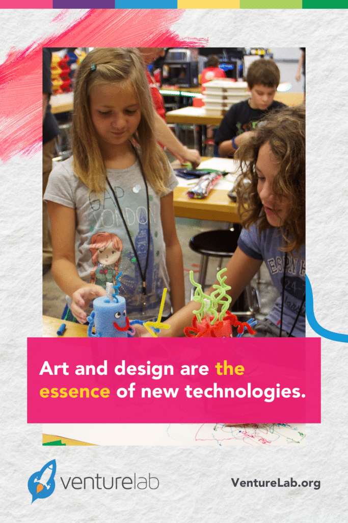 Two girls engaging in a creative project with colorful 3d-printed objects at a workshop, with a poster saying “Empowering Girls in Science through Art and Design Integration.”