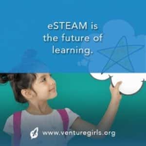 Young girl touching a cloud graphic with a star, alongside text "STEM education is the future of learning." blue gradient background.