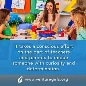 A teacher and three young children engage in a STEM education activity at a colorful classroom table, surrounded by art supplies. Text overlay about the role of teachers and parents in fostering curiosity.