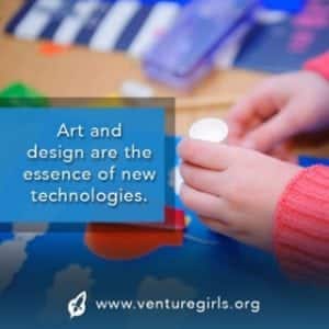 Child's hands using a white stylus on a digital tablet with STEM education resources and a quote about art and design on the screen.