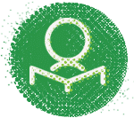 A green circular icon with a white minimalist figure reading an open book, embodying the essence of teaching entrepreneurship.
