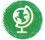 Icon of a globe on a stand, displayed within a green circular background with a textured, dotted pattern, symbolizing youth entrepreneurship education.