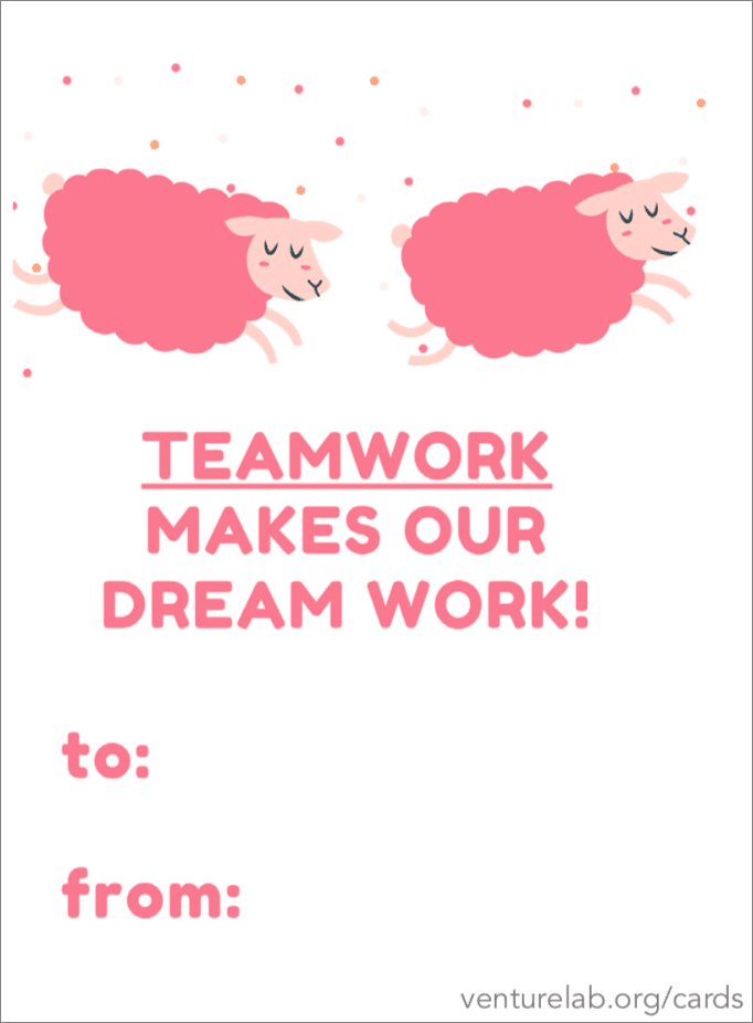 Illustration of two pink sheep with the phrase "teamwork makes our dream work!" above them, and blank spaces labeled "to:" and "from:" below, on a dotted pink background, perfect