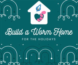 Illustration promoting "Build a Worm Home for the Holidays." Features a house with a worm and heart icon, surrounded by decorative elements on a green background. Perfect for sparking interest in youth entrepreneurship education through creative and hands-on activities.