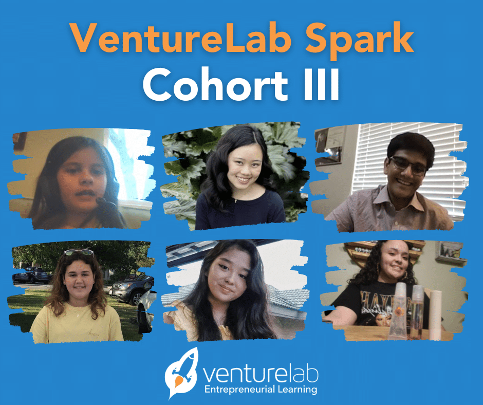 Six individuals in separate photo frames are shown with "VentureLab Spark Cohort III" written above them and the VentureLab logo stating "Entrepreneurial Learning" below, highlighting their commitment to youth entrepreneurship education.