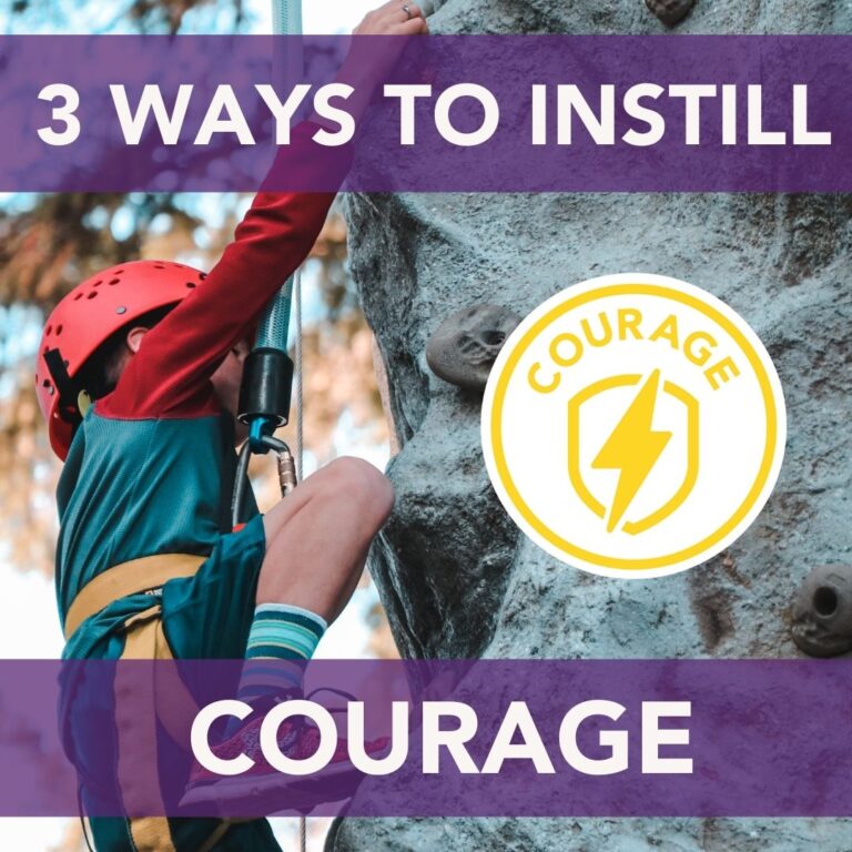 A child wearing a red helmet climbs an artificial rock wall. Text reads "3 Ways to Instill Courage" with a badge showing the word "Courage" and a lightning bolt. Teaching entrepreneurship can be an exciting way to foster bravery in young minds.