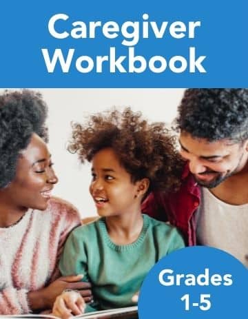 A family with a young child reading an 'entrepreneurship curriculum workbook' together, for grades 1-5.