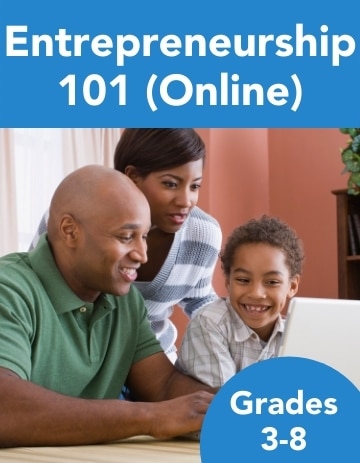 A family of three, including a young boy, sitting at a computer, with the text "entrepreneurship curriculum for K-12 students" above them.