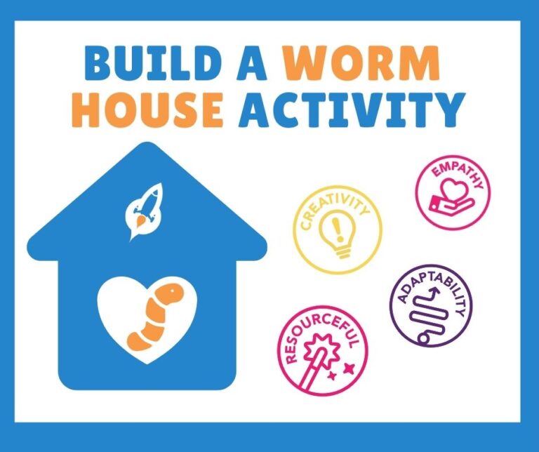 Illustration of a "Build a Worm House Activity" displaying a house icon with a worm inside and badges for Creativity, Empathy, Resourcefulness, and Adaptability. Perfect for integrating into youth entrepreneurship education or teaching entrepreneurship within K12 entrepreneur curriculum.