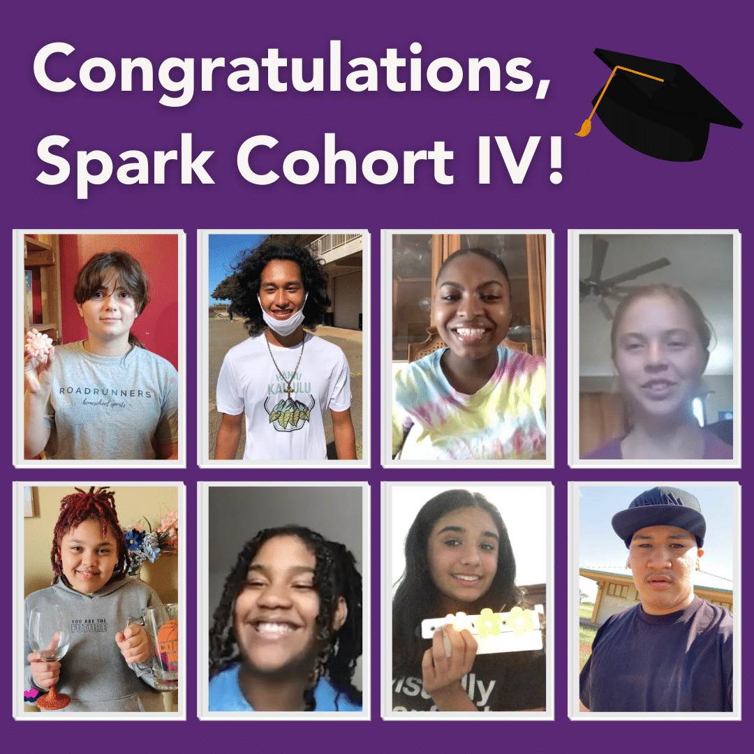 A purple background with "Congratulations, Spark Cohort IV!" at the top celebrates the achievements of graduates. Below are eight individual headshots of smiling people, showcasing bright futures shaped by a youth entrepreneurship education. A graduation cap icon sits to the right of the text.