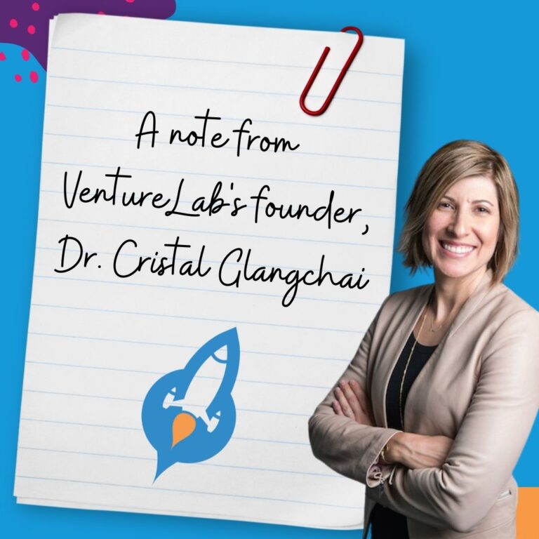 Image of a smiling woman standing beside a paper note clipped with a red paperclip. The note reads, "A note from VentureLab's founder, Dr. Cristal Glangchai," with a rocket logo at the bottom. Highlighting their k12 entrepreneur curriculum, VentureLab is dedicated to teaching entrepreneurship to young minds.