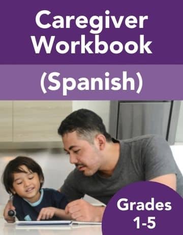 Cover of an "entrepreneurship curriculum workbook" in Spanish featuring a man and a young boy studying together, with the text "grades 1-5.