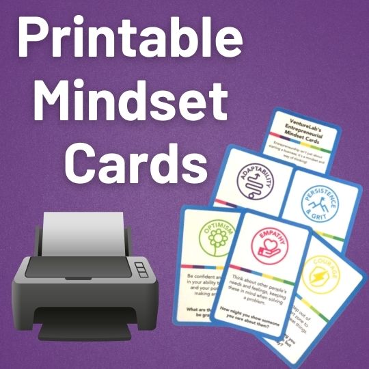Printable mindset cards displayed beside a printer on a purple background, featuring optimistic and growth-focused messages suitable as entrepreneurship education resources.