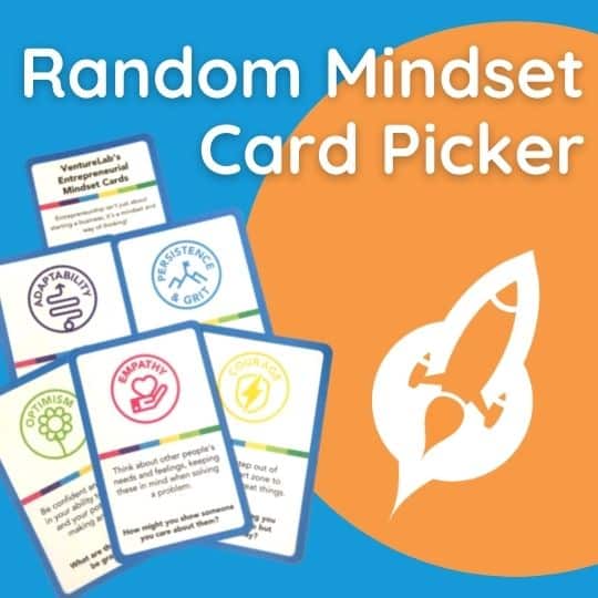 Promotional graphic for "random mindset card picker" featuring six colorful cards with various entrepreneurship education resources and a logo with a rocket.
