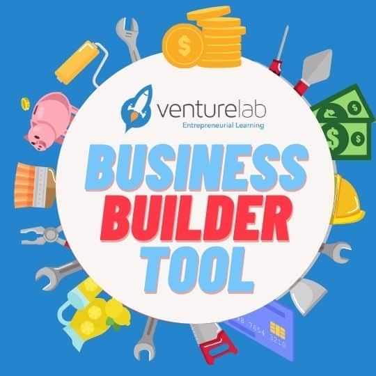 Illustration for "business builder tool" by venturelab, featuring icons like coins, a piggy bank, and tools, on a blue background, highlighting youth entrepreneurship resources.