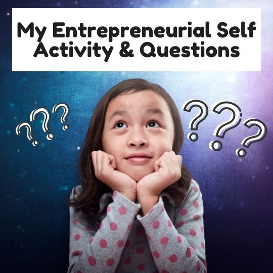 Young asian girl looking up thoughtfully, surrounded by question marks, with text "Youth Entrepreneurship Resources & questions" on a starry background.