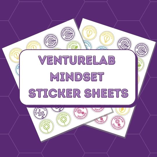 Sticker sheets labeled "venturelab mindset" featuring various colorful, circular stickers with inspirational words on a purple background, designed as youth entrepreneurship resources.