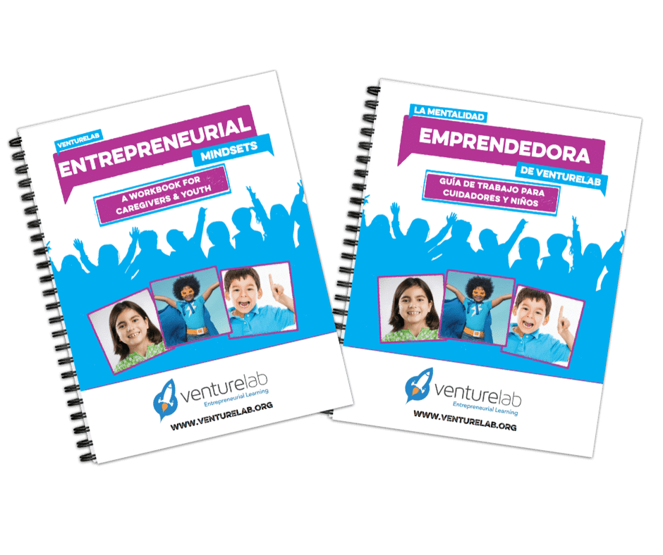 Two spiral-bound workbooks titled "Entrepreneurial Mindsets" and "La Mentalidad Emprendedora" by VentureLab, featuring diverse groups of children on the covers, ideal for teaching entrepreneurship to K-12 students.