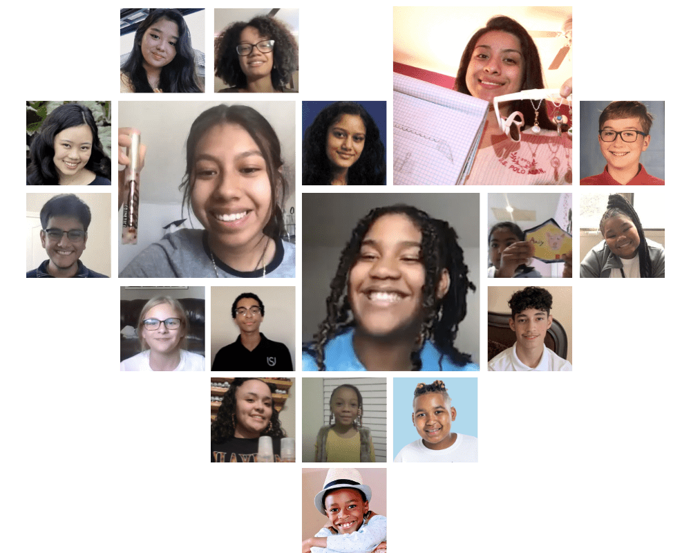 A collage of individual photos shows a diverse group of people, including children and adults, smiling and posing. Some hold objects like a notebook and a baby in a hat, showcasing the joy of youth entrepreneurship education.