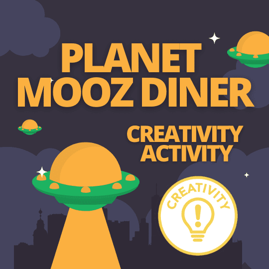 Illustration for "planet mooz diner" featuring a UFO with a cityscape at night in the background and text about entrepreneurship education resources.