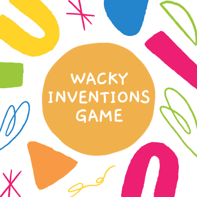 Colorful graphic with text "wacky inventions game" surrounded by abstract shapes and lines in various bright colors on a white background, designed as youth entrepreneurship resources.