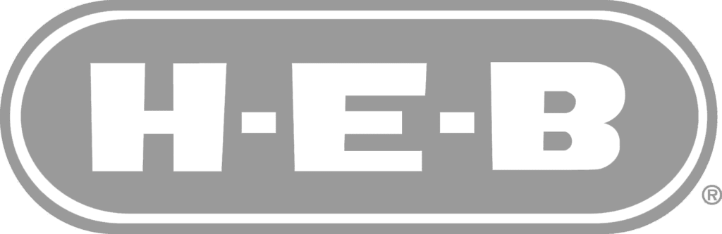 HEB logo with bold green letters "H-E-B" on a light gray background with an oval border, reflecting the brand's commitment to youth entrepreneurship education.