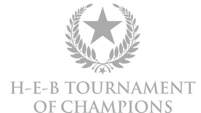 Green background with white text and a star surrounded by laurel wreaths. The text reads "H-E-B Tournament of Champions," an event supporting youth entrepreneurship education.