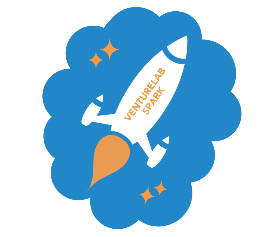 Illustration of a white rocket labeled "VENTURELAB SPARK" launching into a blue cloud with orange stars surrounding it, embodying the spirit of youth entrepreneurship education.