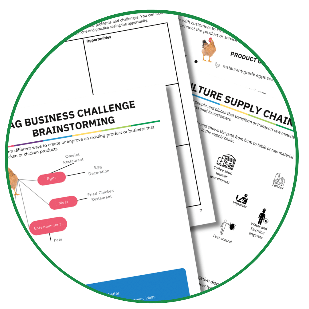 Close-up of business brainstorming worksheets titled "AG BUSINESS CHALLENGE BRAINSTORMING" with illustrations and text related to agriculture supply chains, including sections for ideas and challenges, ideal for teaching entrepreneurship in youth through a comprehensive K12 entrepreneur curriculum.