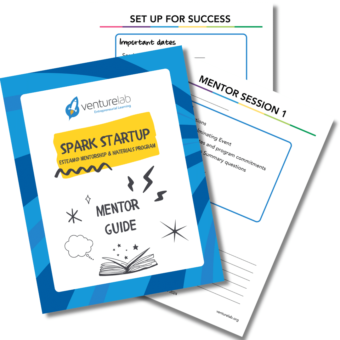 Two documents from VentureLab's Youth Entrepreneurship Mentorship Program: a Spark Startup Mentor Guide and a Mentor Session sheet titled "Set Up for Success.