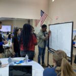 In the Garcia Center classroom, a group gathers around a whiteboard where one participant writes as others observe. An American flag stands in the background, symbolizing unity and learning during the Spring Break Camp Youth Entrepreneurship program.