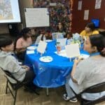 At the Garcia Center, a group gathers for the Idea to Pitch workshop. Around a table draped with a blue tablecloth, they paint on canvases, while behind them, a colorful wall and note-covered whiteboard fuel their creativity.