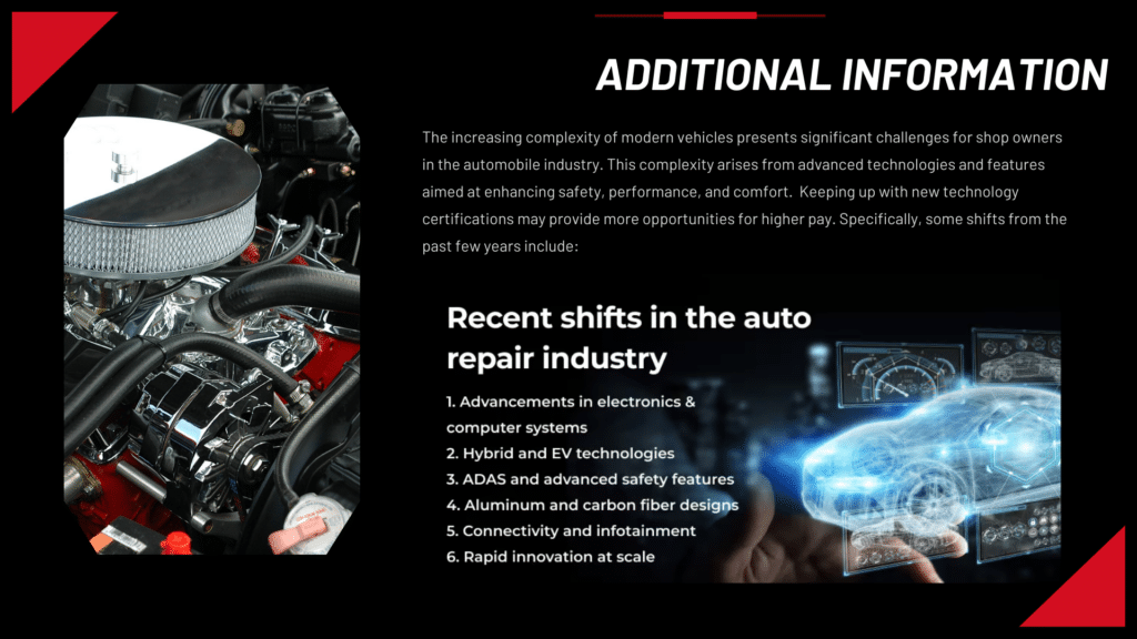 Engine components with labeled text overlay about recent shifts in the auto repair industry, including advancements in electronics, hybrid technologies, and enhanced safety features. A glimpse into these innovations is part of the Middle School Career Exploration Program in San Antonio.