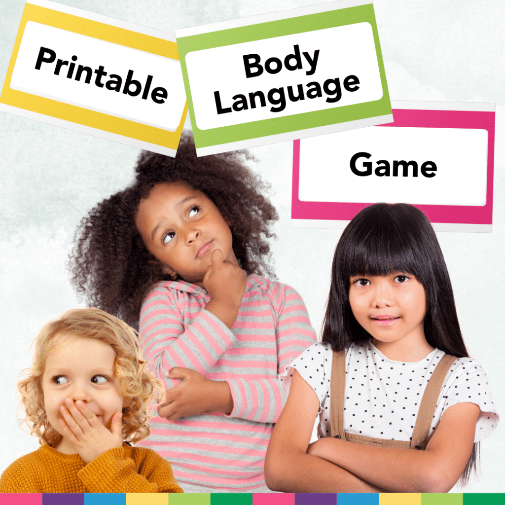 Three children display different expressions under signs reading "Printable Body Language Game," a creative tool full of youth entrepreneurship resources that inspires imagination and learning.