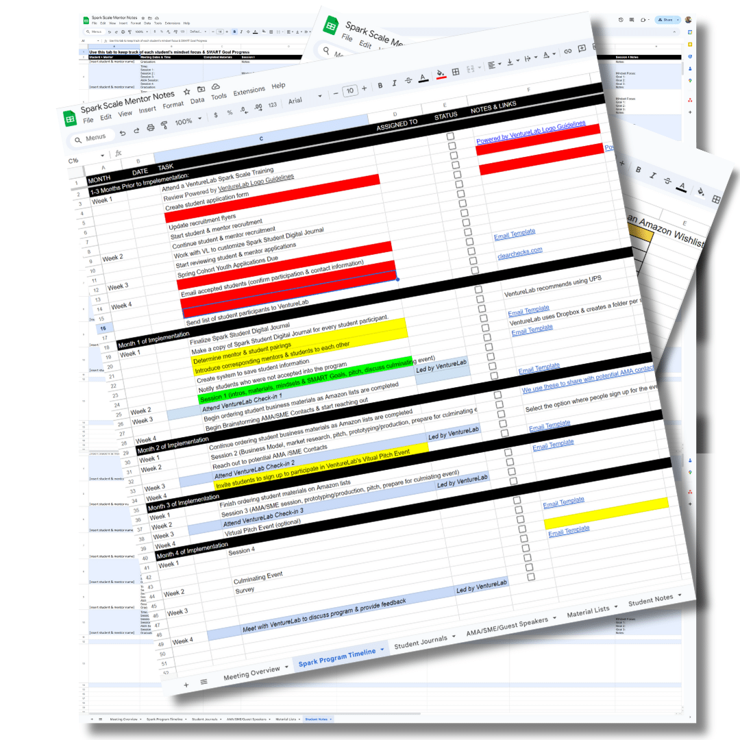 A spreadsheet with rows and columns, featuring bold headers and cells filled with vibrant colors like red, yellow, and green, maps out the vibrant landscape of our Youth Entrepreneurship Mentorship Program, indicating different statuses or categories for budding innovators.