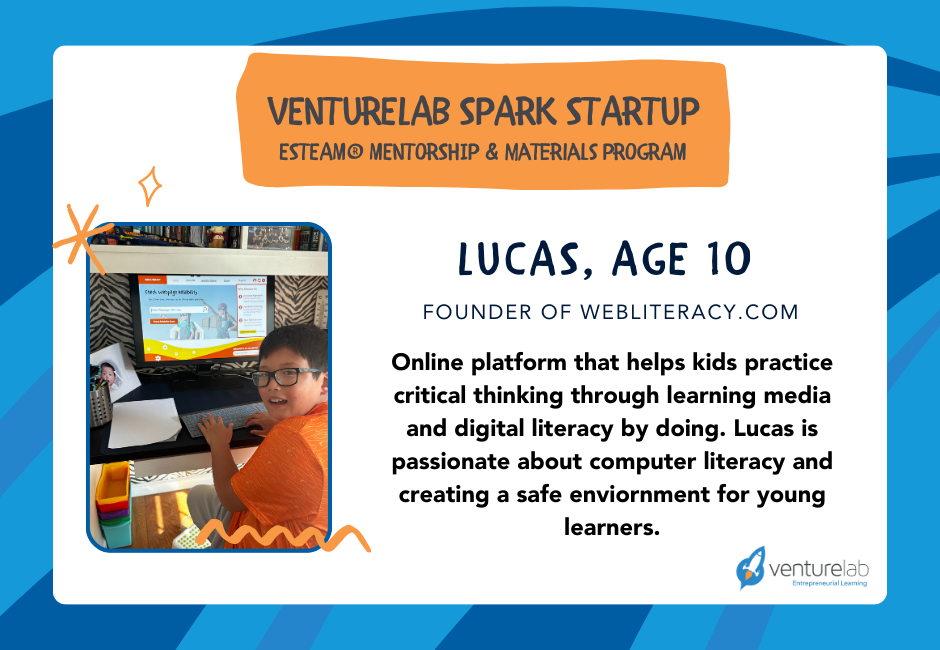 A young boy grins as he navigates his computer, promoting computer literacy and safety for young learners. His website highlights his name, age, and achievements as part of the VentureLab Missouri Mentorship Cohort.