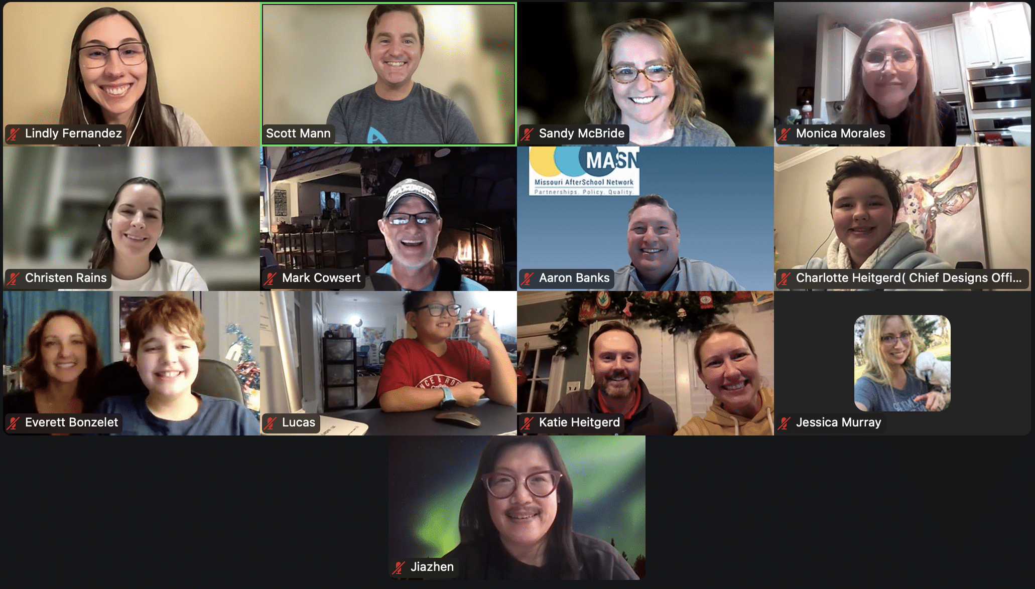 A group of fourteen people from the VentureLab Missouri Mentorship Cohort are smiling during a video call, each in their own square frame. Various backgrounds are visible.