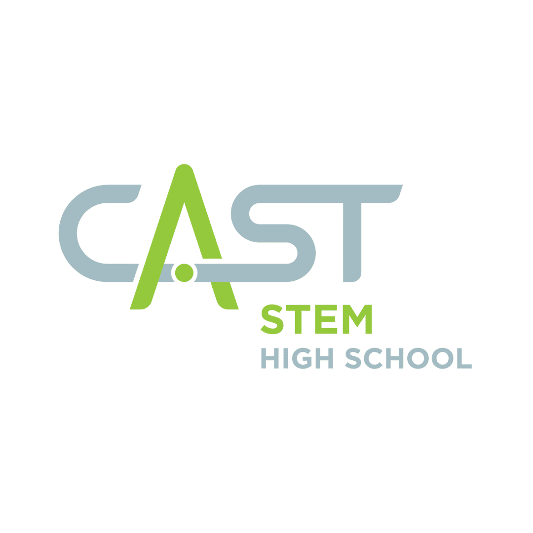 Logo for CAST STEM High School with stylized green and blue lettering.
