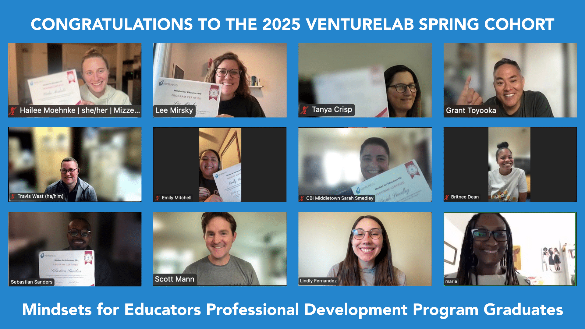 Image of 12 people in zoom boxes with graphic "Congratulations"