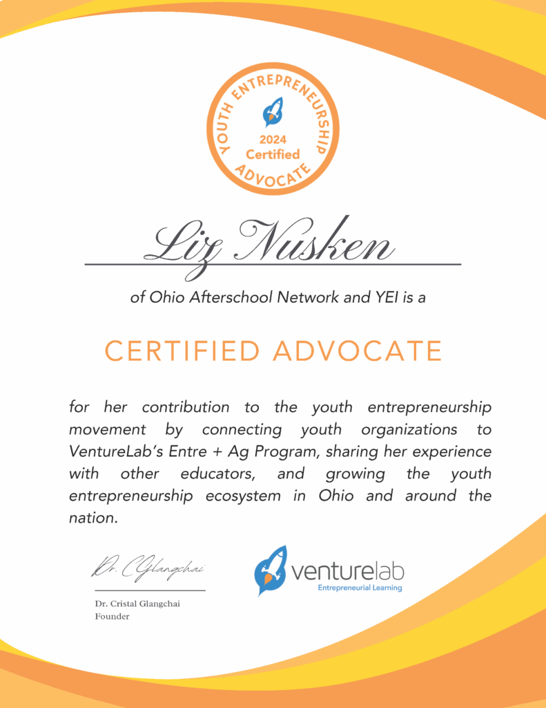 Certificate for Liz Nusken