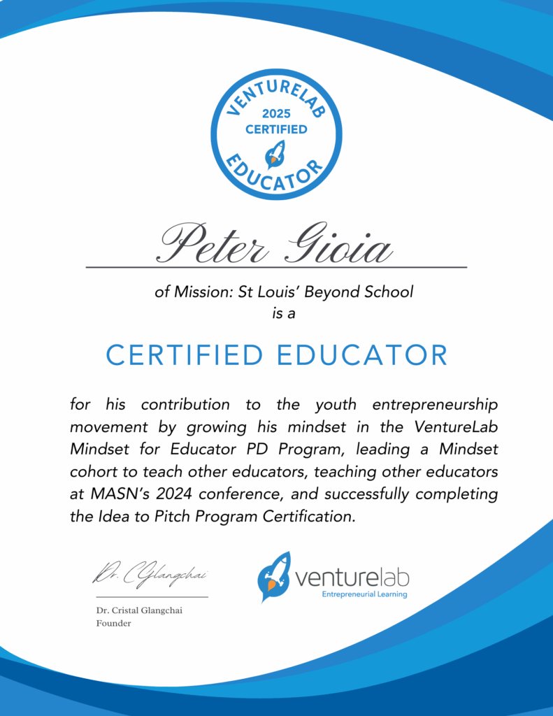 Peter Gioia VentureLab Certified Educator Certificate